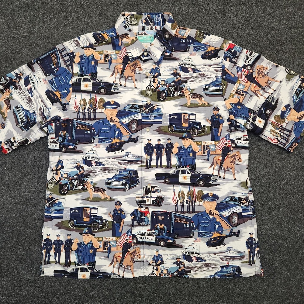 Reyn Spooner Mens XL America's Finest Police Officer Button Up Shirt 90s Novelty